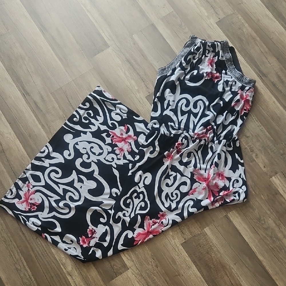 Floral Black and White Halter Maxi Dress